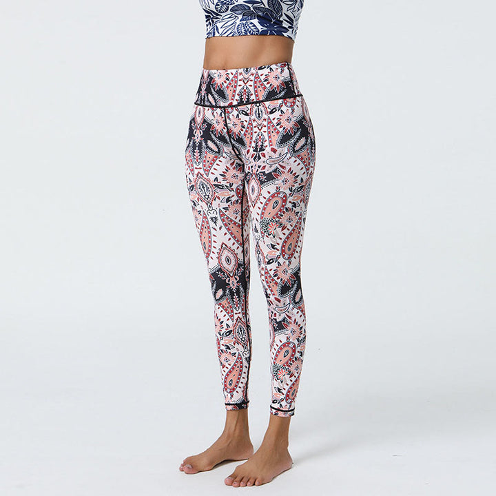 Buddha Stones Flowers Feathers Sun Moon Print Sports Fitness Yoga High Waist Leggings Women's Pants - White Light Pink Pattern - US12，UK/AU16，EU44 (XL) - image 22
