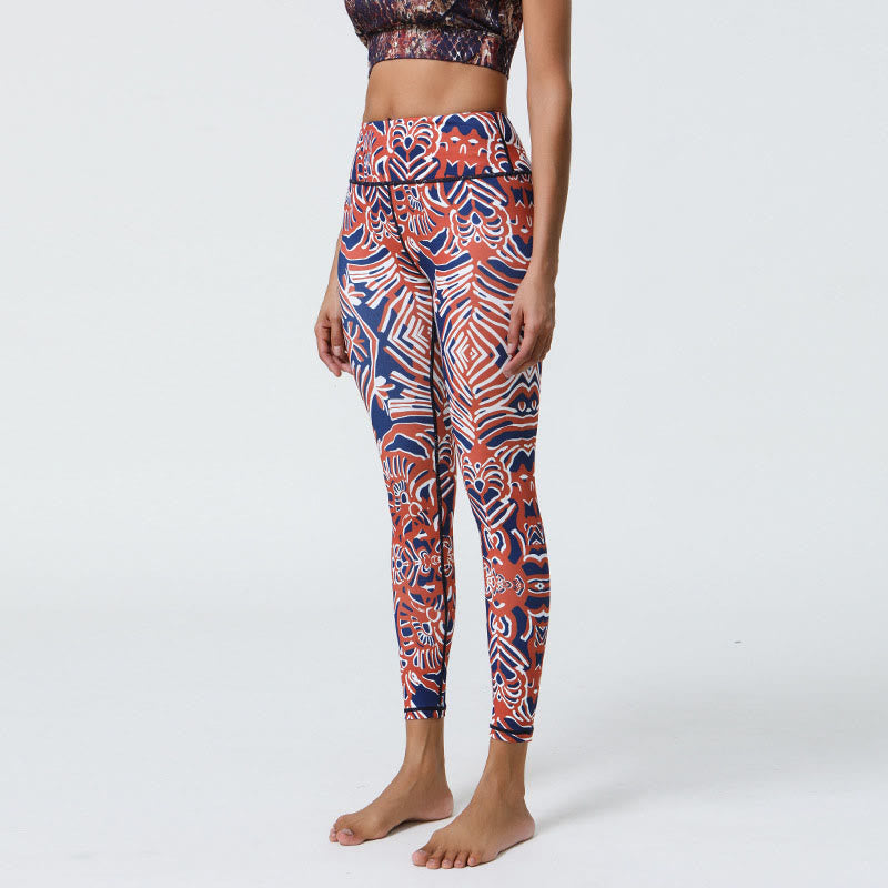 Buddha Stones Flowers Feathers Sun Moon Print Sports Fitness Yoga High Waist Leggings Women's Pants - Red Dark Blue Pattern - US12，UK/AU16，EU44 (XL) - image 27