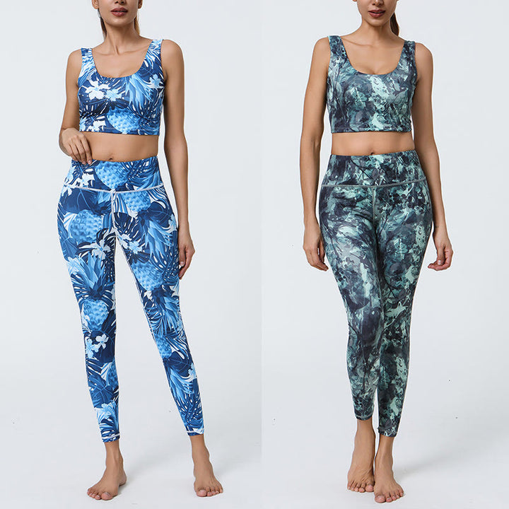 Buddha Stones 2Pcs Pineapple Grass Leaves Print Sports Fitness Crop Tank Bra High Waist Leggings Yoga Pants