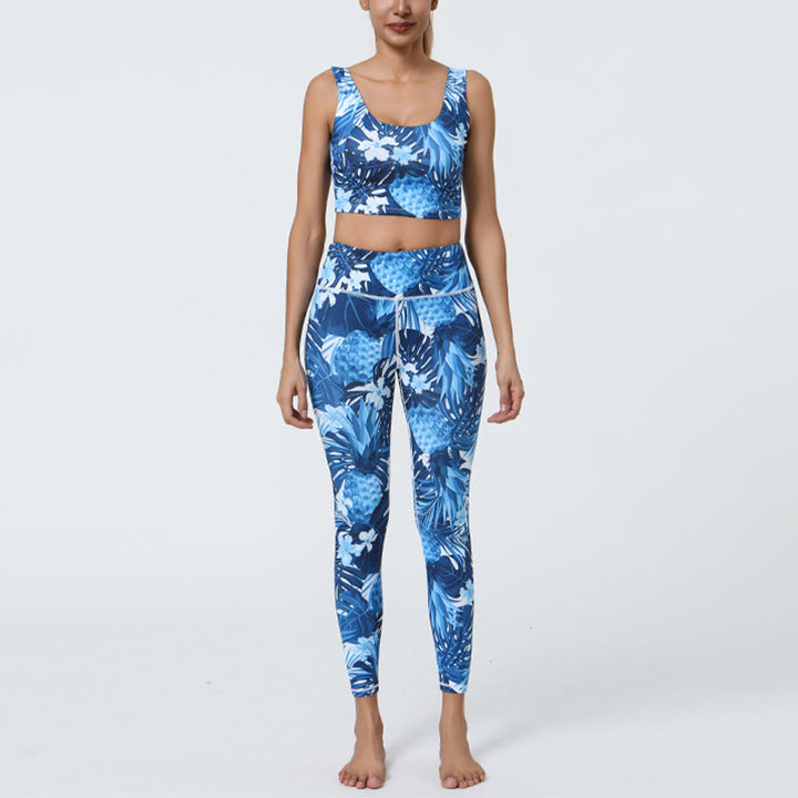 Buddha Stones 2Pcs Pineapple Grass Leaves Print Sports Fitness Crop Tank Bra High Waist Leggings Yoga Pants