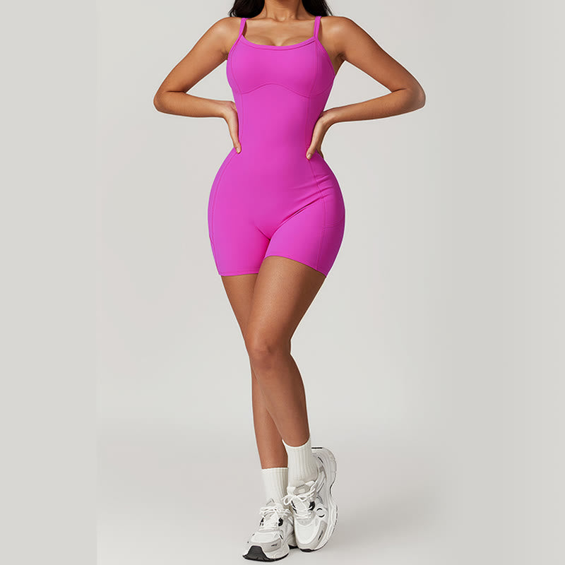 Buddha Stones Backless Criss-Cross Strap Jumpsuit Romper Sports Fitness Yoga Women Bodysuit With Pockets