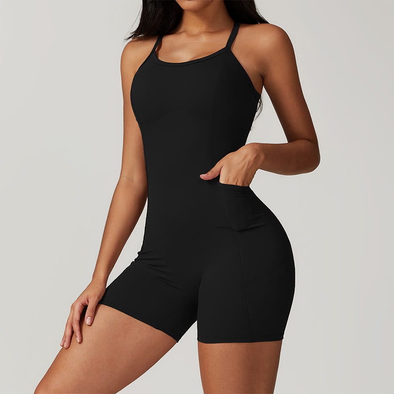 Buddha Stones Backless Criss-Cross Strap Jumpsuit Romper Sports Fitness Yoga Women Bodysuit With Pockets