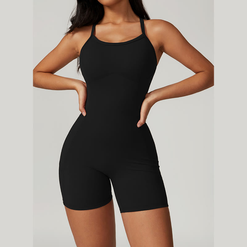 Buddha Stones Backless Criss-Cross Strap Jumpsuit Romper Sports Fitness Yoga Women Bodysuit With Pockets