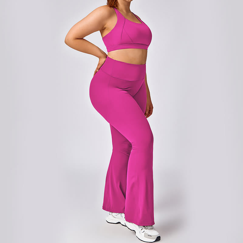 Buddha Stones PLUS SIZE Backless Criss-Cross Strap Bra Flare Pants Sports Gym Yoga Quick Drying Outfits