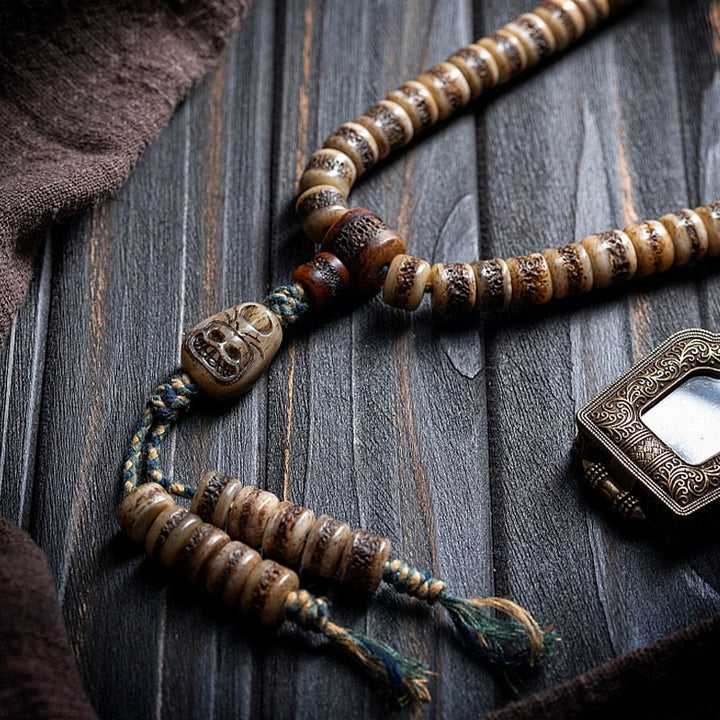 Buddha Stones Tibetan 108 Mala Beads Yak Bone Dzi Bead The Lord of the Corpse Forest Strength Bracelet