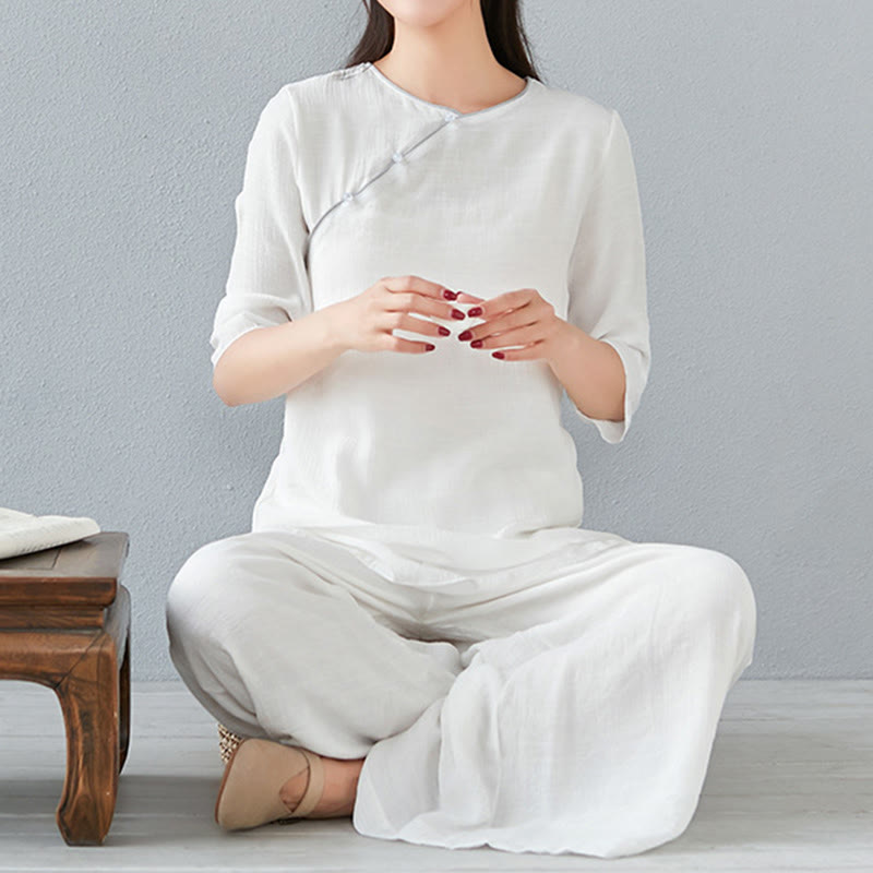 Buddha Stones 2Pcs Three Quarter Sleeve Long Sleeve Shirt Wide Leg Pants Meditation Cotton Linen Clothing Women's Set