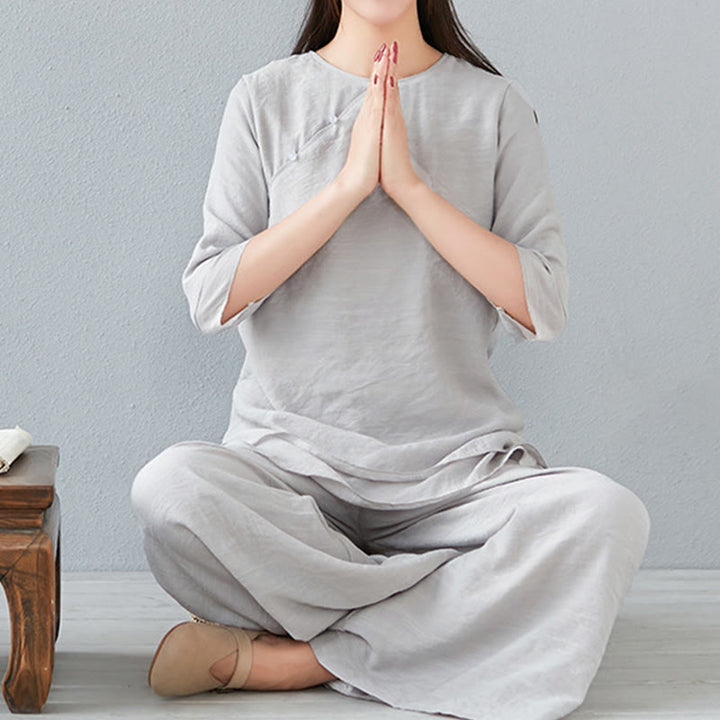 Buddha Stones 2Pcs Three Quarter Sleeve Long Sleeve Shirt Wide Leg Pants Meditation Cotton Linen Clothing Women's Set