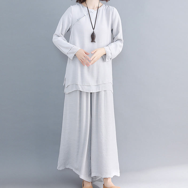 Buddha Stones 2Pcs Three Quarter Sleeve Long Sleeve Shirt Wide Leg Pants Meditation Cotton Linen Clothing Women's Set - Gainsboro - Long Sleeve - US8-10，UK/AU12-14，EU40-42 (3XL) - image 25