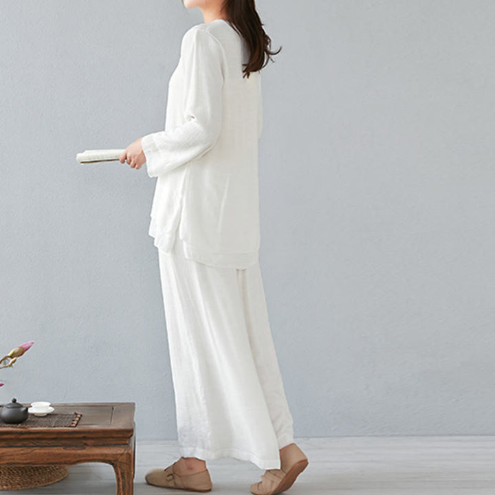 Buddha Stones 2Pcs Three Quarter Sleeve Long Sleeve Shirt Wide Leg Pants Meditation Cotton Linen Clothing Women's Set - image 3