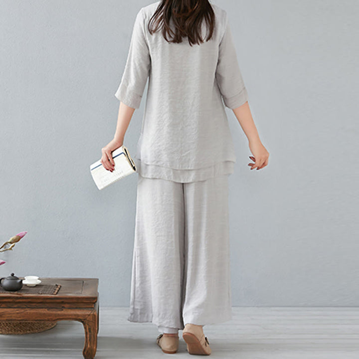 Buddha Stones 2Pcs Three Quarter Sleeve Long Sleeve Shirt Wide Leg Pants Meditation Cotton Linen Clothing Women's Set - image 29