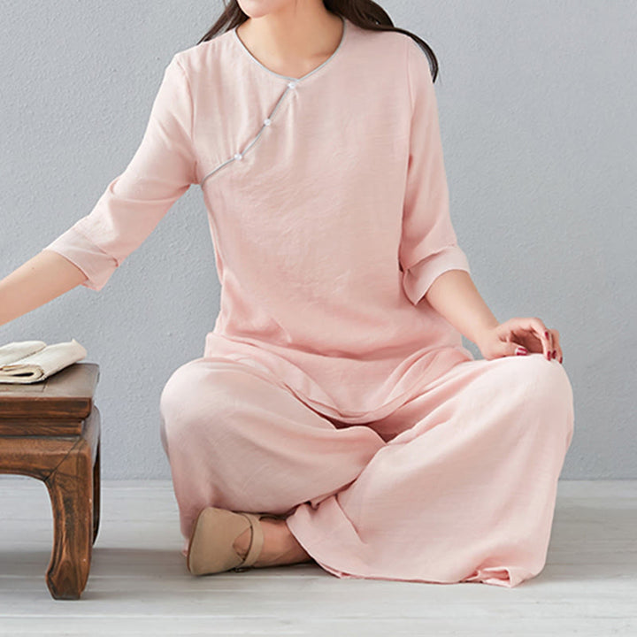 Buddha Stones 2Pcs Three Quarter Sleeve Long Sleeve Shirt Wide Leg Pants Meditation Cotton Linen Clothing Women's Set