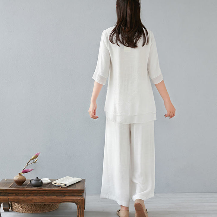 Buddha Stones 2Pcs Three Quarter Sleeve Long Sleeve Shirt Wide Leg Pants Meditation Cotton Linen Clothing Women's Set - image 10