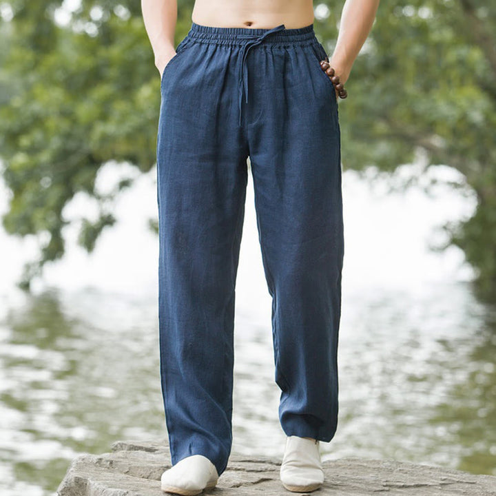 Buddha Stones Solid Color Cotton Linen Men's Wide Leg Pants With Pockets