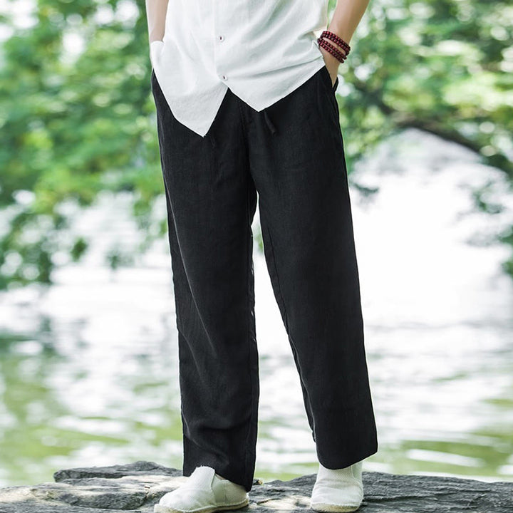 Buddha Stones Solid Color Cotton Linen Men's Wide Leg Pants With Pockets