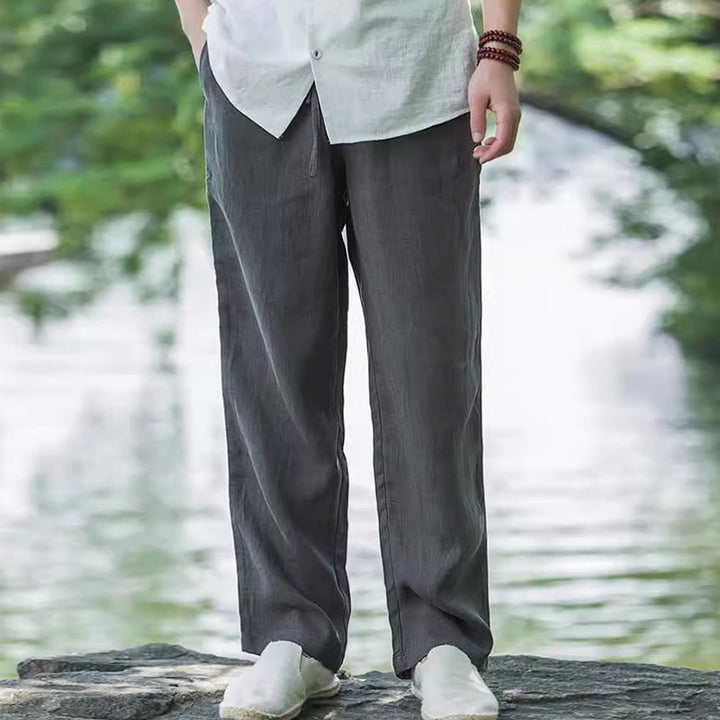 Buddha Stones Solid Color Cotton Linen Men's Wide Leg Pants With Pockets