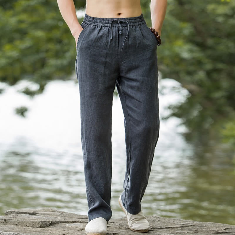 Buddha Stones Solid Color Cotton Linen Men's Wide Leg Pants With Pockets