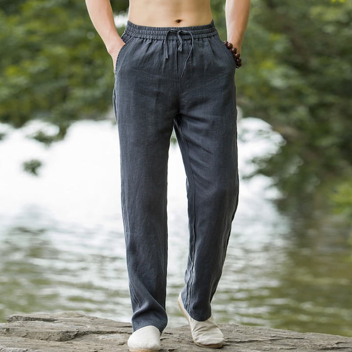 Buddha Stones Solid Color Cotton Linen Men's Wide Leg Pants With Pockets
