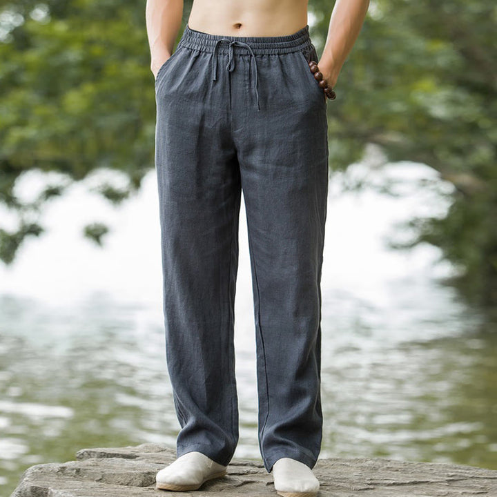 Buddha Stones Solid Color Cotton Linen Men's Wide Leg Pants With Pockets
