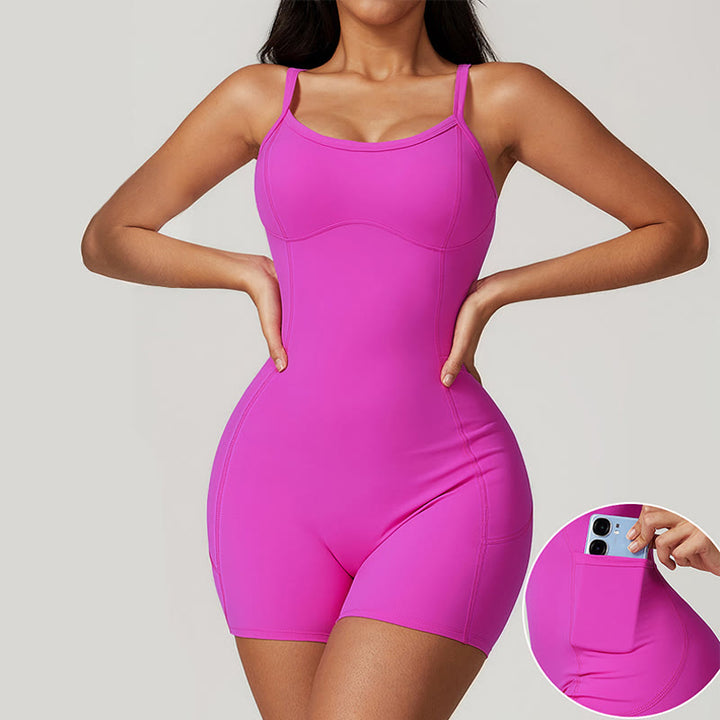 Buddha Stones Backless Criss-Cross Strap Jumpsuit Romper Sports Fitness Yoga Women Bodysuit With Pockets