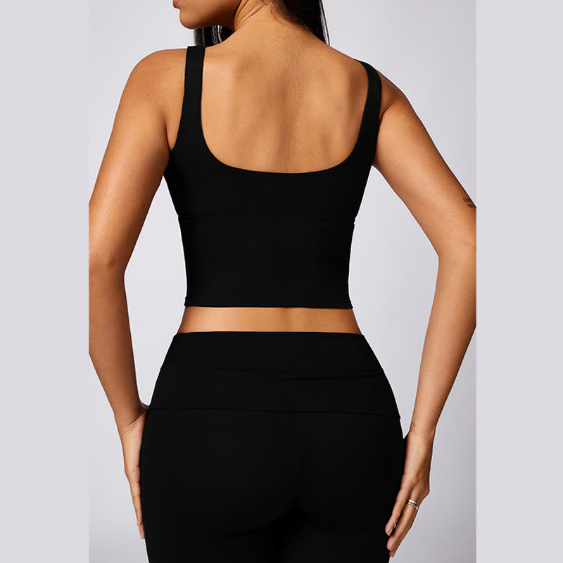 Buddha Stones Solid Crop Tank Long Sleeve Top Flared Pants For Sports Fitness Yoga