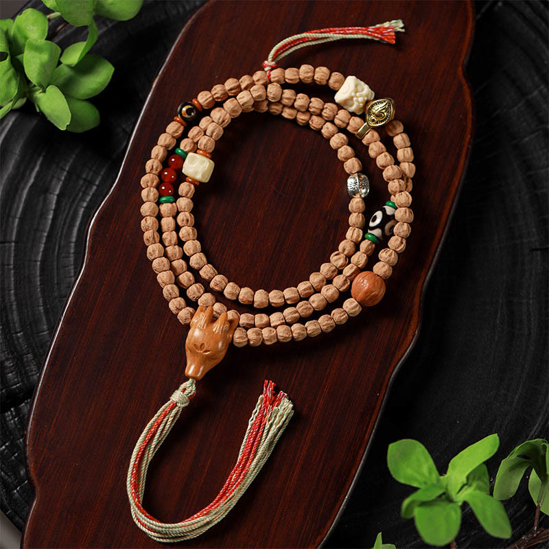 Buddha Stones 108 Beads Bodhi Seed Red Agate Deer Head Wisdom Mala Bracelet