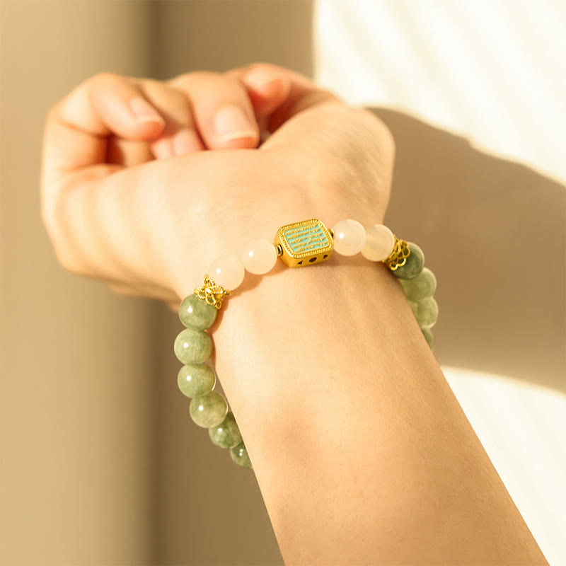 Buddha Stones Natural Green Jade White Agate Five Scriptures Abundance Bracelet