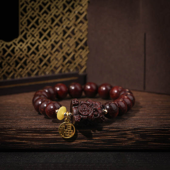 Buddha Stones Small Leaf Red Sandalwood Gold Swallowing Beast Calm Bracelet