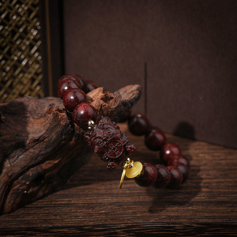 Buddha Stones Small Leaf Red Sandalwood Gold Swallowing Beast Calm Bracelet