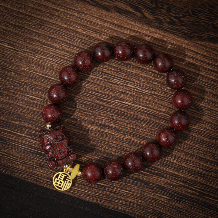 Buddha Stones Small Leaf Red Sandalwood Gold Swallowing Beast Calm Bracelet