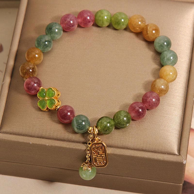 Buddha Stones Tourmaline Jade Colorful Four-leaf Clover Positive Bracelet