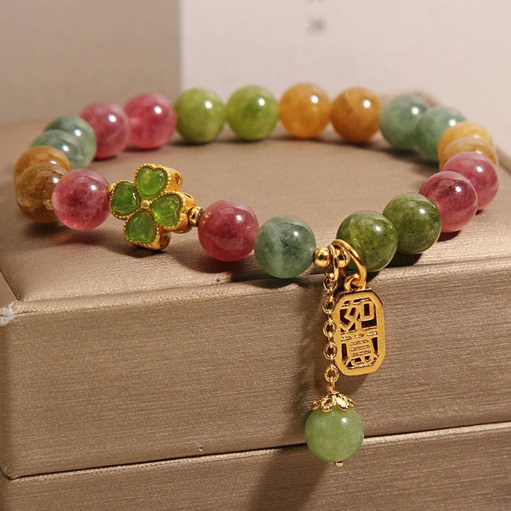 Buddha Stones Tourmaline Jade Colorful Four-leaf Clover Positive Bracelet