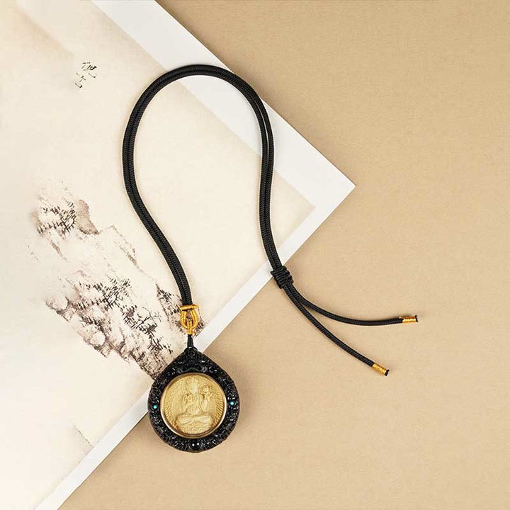 Buddha Stones Chinese Zodiac Natal Buddha Small Leaf Red Sandalwood Ebony Longevity Necklace Pendant