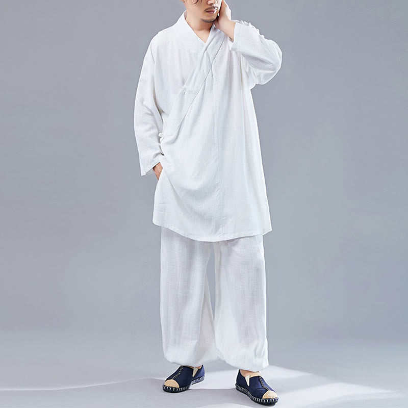 Buddha Stones 2Pcs V-Neck Men's Long Sleeve Shirt Top Pants Meditation Zen Tai Chi Cotton Linen Clothing Set - image 1