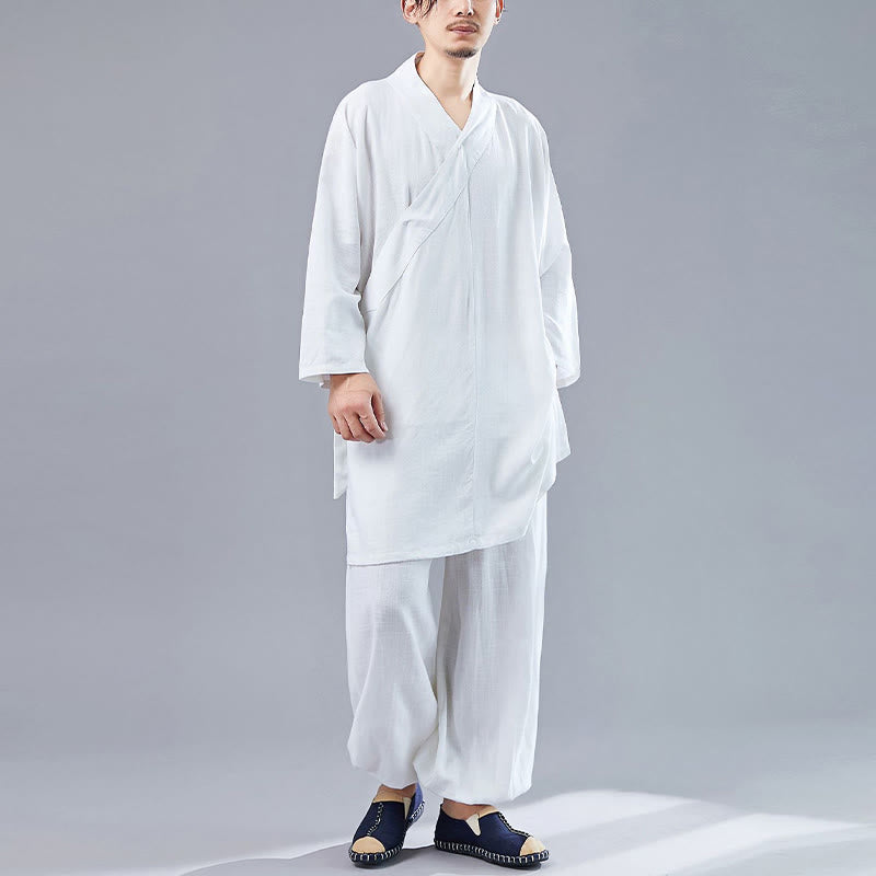 Buddha Stones 2Pcs V-Neck Men's Long Sleeve Shirt Top Pants Meditation Zen Tai Chi Cotton Linen Clothing Set - image 4