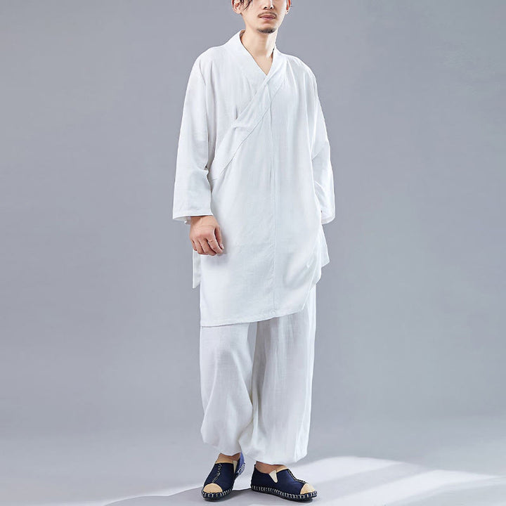 Buddha Stones 2Pcs V-Neck Men's Long Sleeve Shirt Top Pants Meditation Zen Tai Chi Cotton Linen Clothing Set - image 4