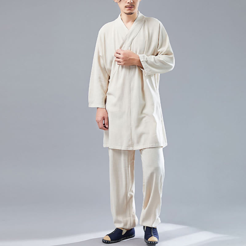 Buddha Stones 2Pcs V-Neck Men's Long Sleeve Shirt Top Pants Meditation Zen Tai Chi Cotton Linen Clothing Set - image 9