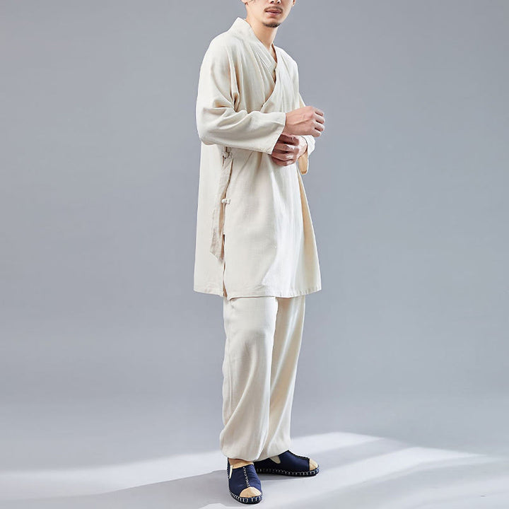 Buddha Stones 2Pcs V-Neck Men's Long Sleeve Shirt Top Pants Meditation Zen Tai Chi Cotton Linen Clothing Set - image 12