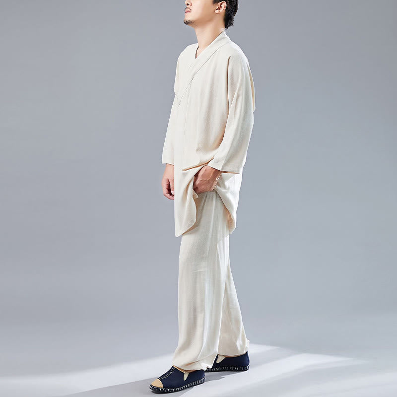 Buddha Stones 2Pcs V-Neck Men's Long Sleeve Shirt Top Pants Meditation Zen Tai Chi Cotton Linen Clothing Set - image 13