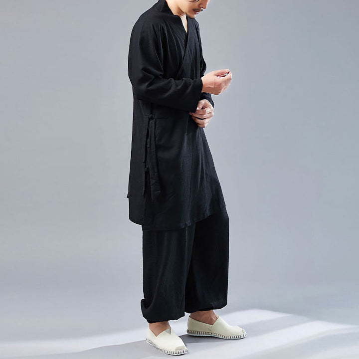 Buddha Stones 2Pcs V-Neck Men's Long Sleeve Shirt Top Pants Meditation Zen Tai Chi Cotton Linen Clothing Set - image 24
