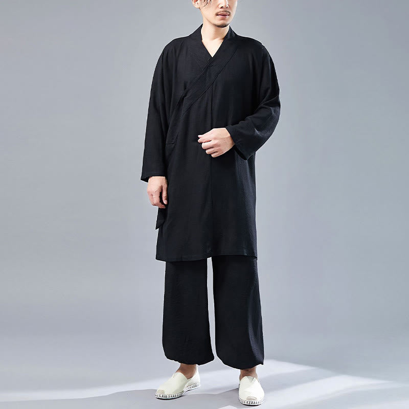 Buddha Stones 2Pcs V-Neck Men's Long Sleeve Shirt Top Pants Meditation Zen Tai Chi Cotton Linen Clothing Set - image 25