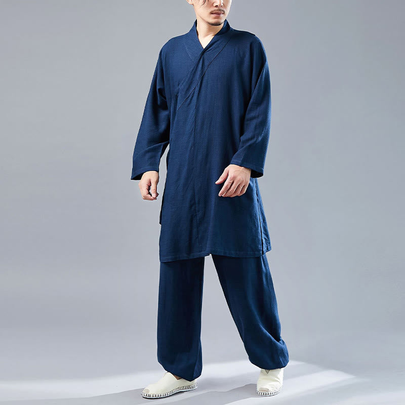 Buddha Stones 2Pcs V-Neck Men's Long Sleeve Shirt Top Pants Meditation Zen Tai Chi Cotton Linen Clothing Set - image 38