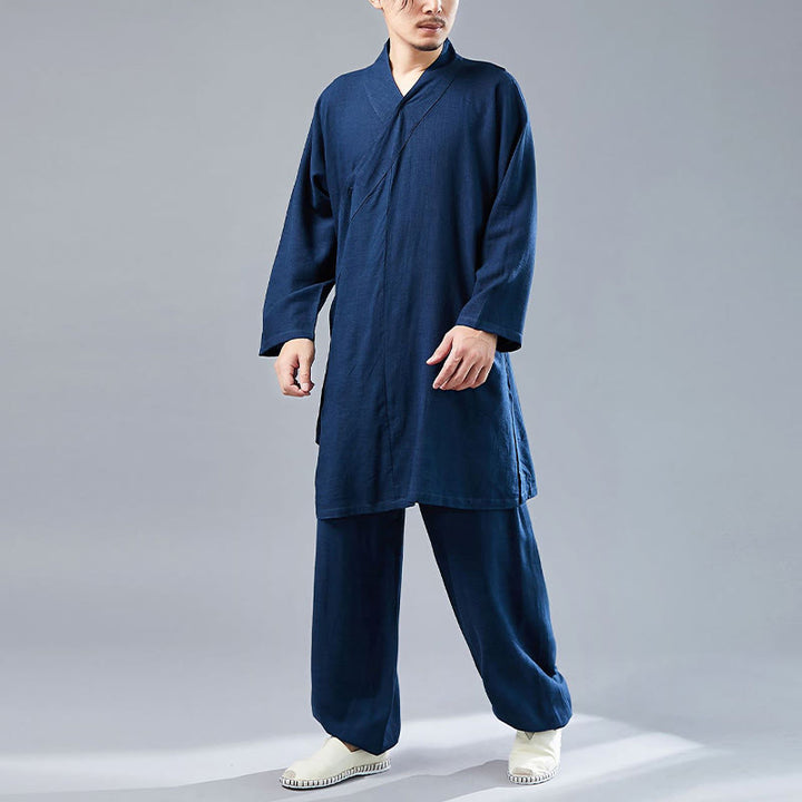 Buddha Stones 2Pcs V-Neck Men's Long Sleeve Shirt Top Pants Meditation Zen Tai Chi Cotton Linen Clothing Set - image 38