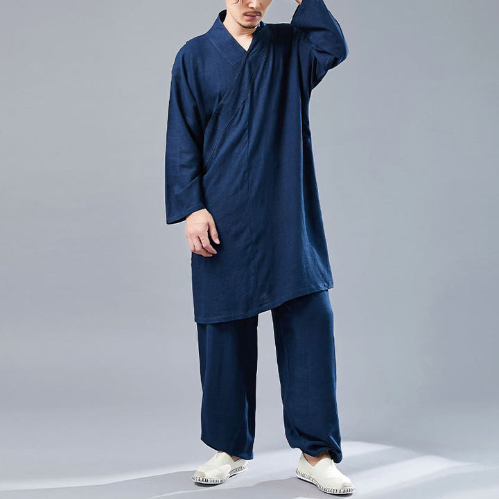 Buddha Stones 2Pcs V-Neck Men's Long Sleeve Shirt Top Pants Meditation Zen Tai Chi Cotton Linen Clothing Set - image 34