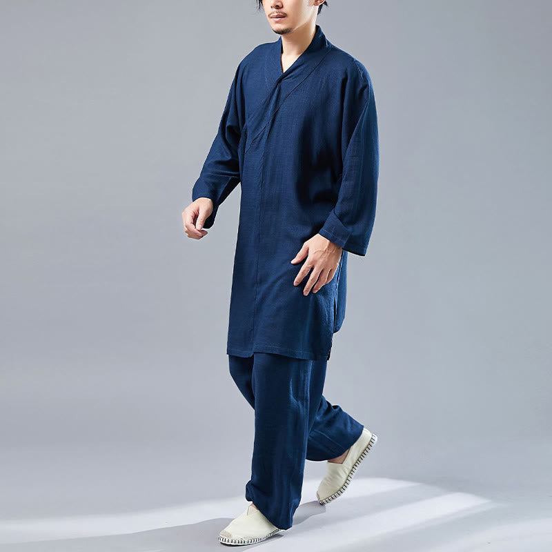 Buddha Stones 2Pcs V-Neck Men's Long Sleeve Shirt Top Pants Meditation Zen Tai Chi Cotton Linen Clothing Set - image 35