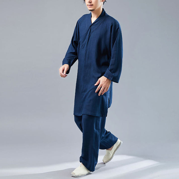 Buddha Stones 2Pcs V-Neck Men's Long Sleeve Shirt Top Pants Meditation Zen Tai Chi Cotton Linen Clothing Set - image 35