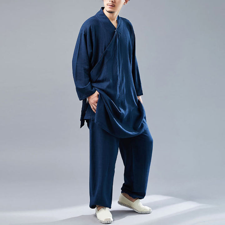 Buddha Stones 2Pcs V-Neck Men's Long Sleeve Shirt Top Pants Meditation Zen Tai Chi Cotton Linen Clothing Set - image 39