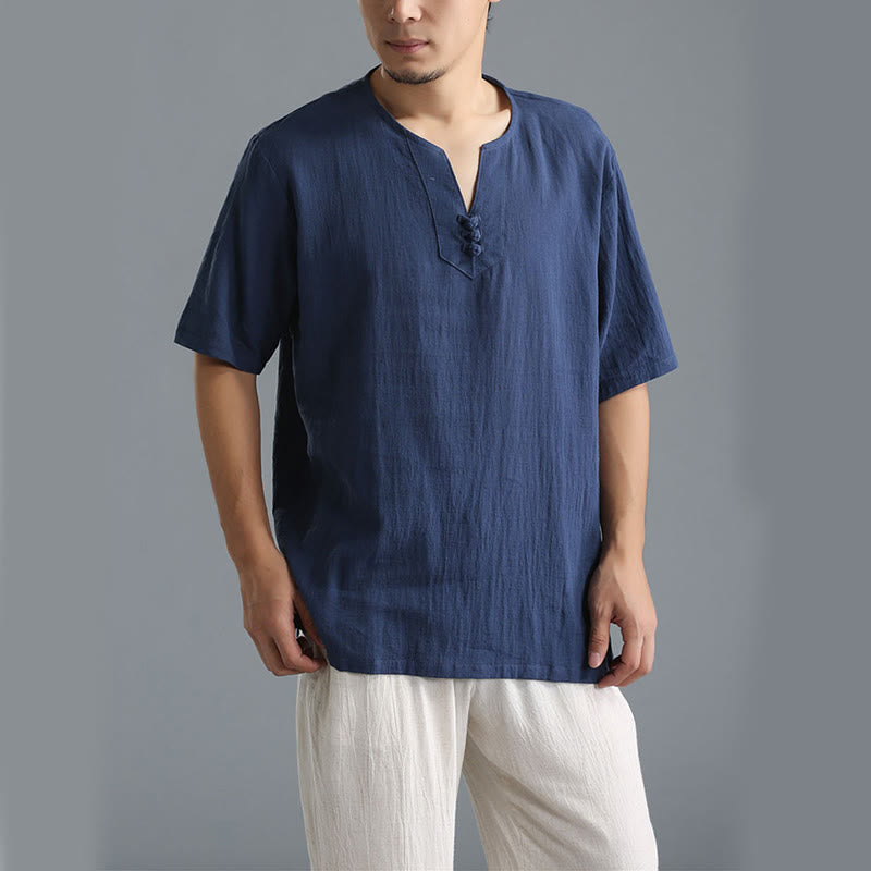 Buddha Stones Men's Solid Color V-Neck Button Short Sleeve Cotton Linen Shirt