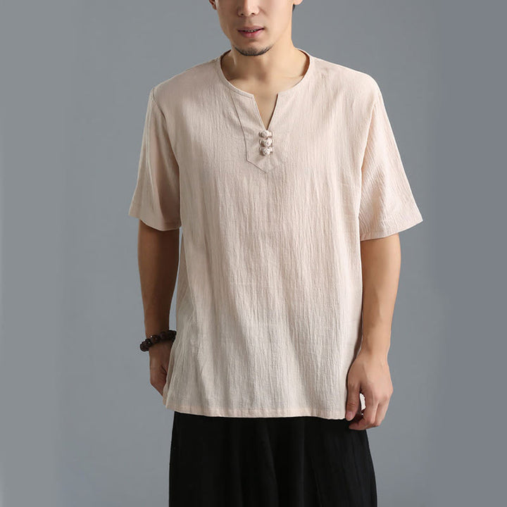 Buddha Stones Men's Solid Color V-Neck Button Short Sleeve Cotton Linen Shirt