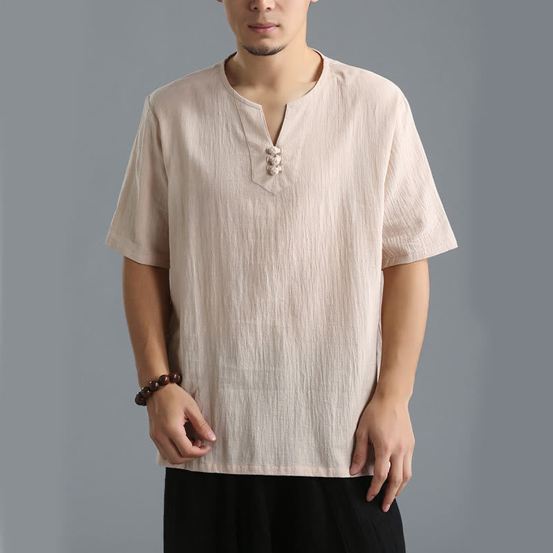 Buddha Stones Men's Solid Color V-Neck Button Short Sleeve Cotton Linen Shirt