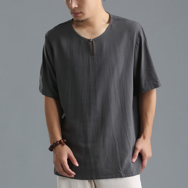 Buddha Stones Men's Solid Color Round Neck Short Sleeve Cotton Linen Shirt